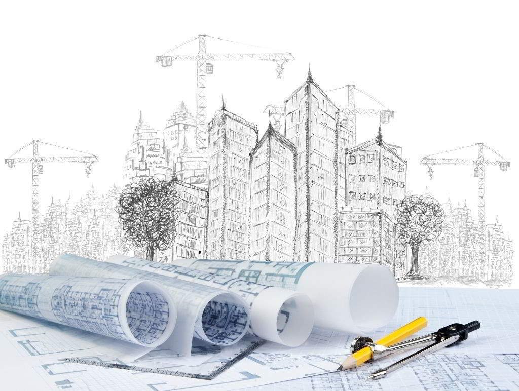 Fianzas sin Aval en licitaciones Dibujo a trazsos de edificio moderno en construcción y plano